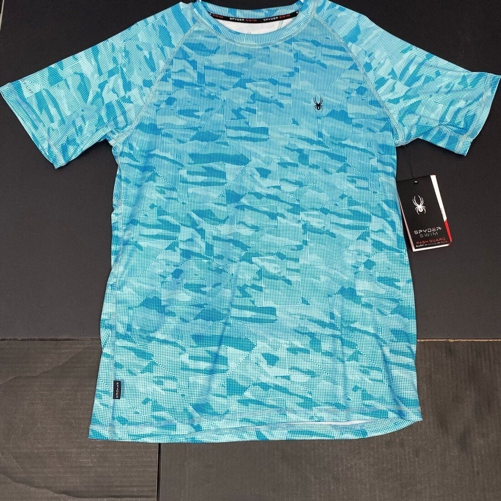 SPYDER SWIM RASHGUARD men's‎ t-shirt size S/P Blue UPF 30+ short sleeve.NEW